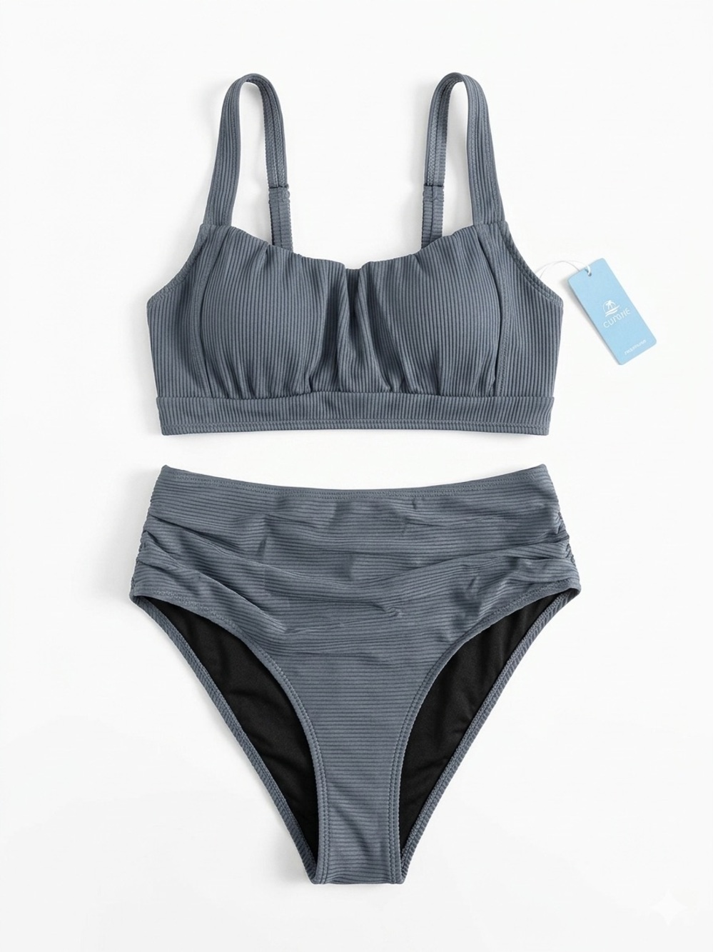 Cupshe Ribbed High-Waist Bikini Set in Slate Gray Sz L